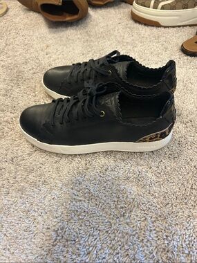 Cole Haan Black Scalloped Leather Sneakers with Leopard Accent